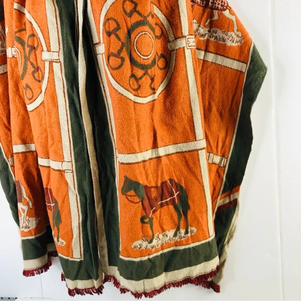 Large Equestrian Novelty Luxury Scarf Shawl Horse Orange Green Fall Autumn Wrap